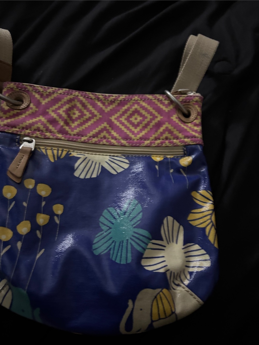 Fossil Blue Floral Elephant Crossbody Bag with Pink Trim